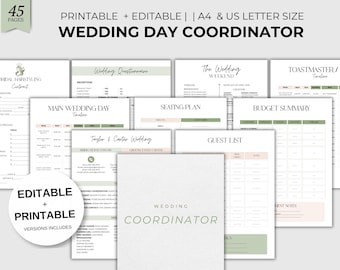 Wedding Day Coordinator Planner | 45 Pages | Printable & Editable  | Wedding Binder Templates | imeline, Budget, Seating Chart Planning Book