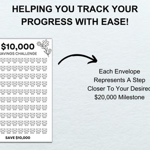 May include: A printable savings challenge tracker with a floral design. The tracker is a grid of 100 envelopes, each representing &pound;20. The goal is to save &pound;10,000. The text "&pound;10,000 Savings Challenge" and "Save &pound;10,000" is included.