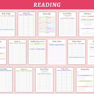 May include: A set of printable reading log and tracker templates. The templates are designed to help people track their reading progress, including books to read, books to buy, reading notes, and book reviews. The templates are in a pastel color scheme with light blue, light green, light pink, and light purple accents.