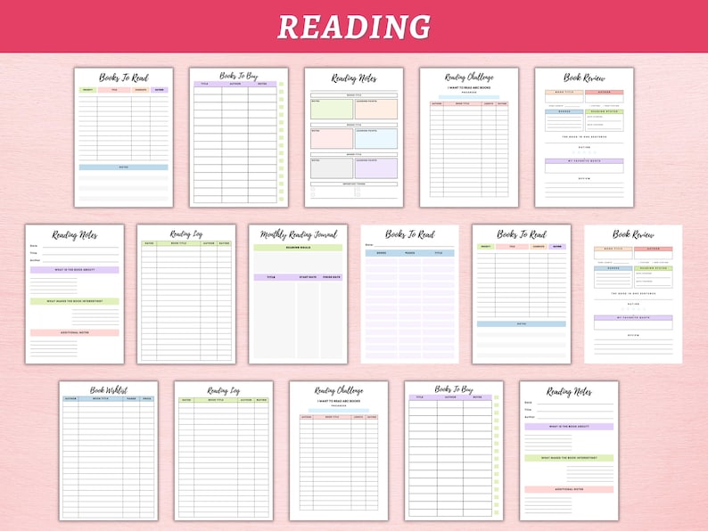 May include: A set of printable reading log and tracker templates. The templates are designed to help people track their reading progress, including books to read, books to buy, reading notes, and book reviews. The templates are in a pastel color scheme with light blue, light green, light pink, and light purple accents.