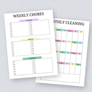 May include: Printable weekly chore and monthly cleaning checklists. The weekly chore checklist has sections for all rooms, bedroom, and living room. The monthly cleaning checklist has a calendar grid with days of the week labelled.