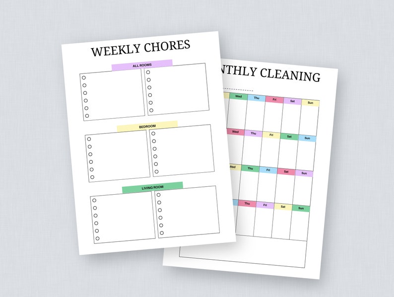 May include: Printable weekly chore and monthly cleaning checklists. The weekly chore checklist has sections for all rooms, bedroom, and living room. The monthly cleaning checklist has a calendar grid with days of the week labelled.