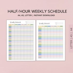 Half Hour Weekly Schedule, Hourly Schedule, Weekly Planner Printable, Week At a Glance, A4, LETTER, A5 PDF