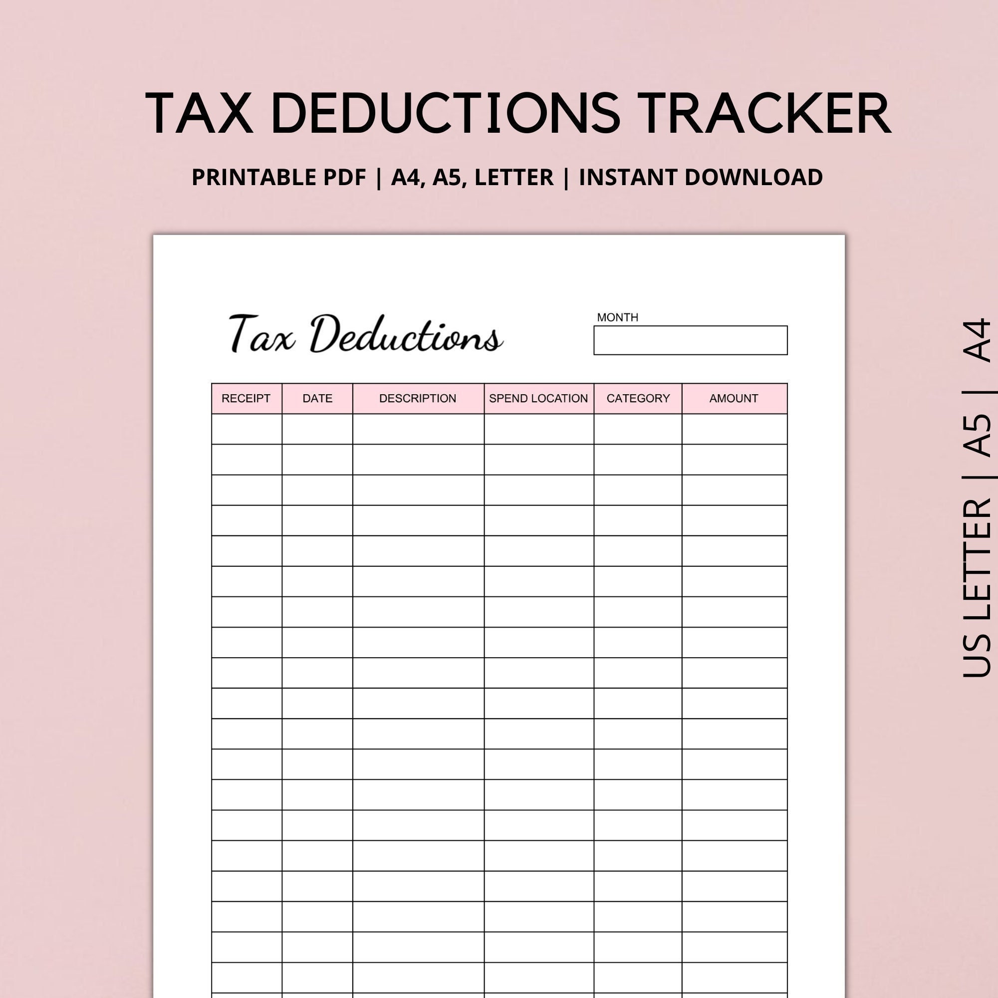 Tax Deduction Tracker Printable Business Tax Log Expenses Etsy