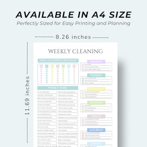 May include: A weekly cleaning checklist, sized at 8.26 inches wide and 11.69 inches tall, with a daily and weekly task list. The text "AVAILABLE IN A4 SIZE" is at the top. The checklist includes tasks for each day of the week.