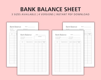 May include: Four printable bank balance sheets in black and white. Each sheet has a title "Bank Balance" and includes fields for month, account number, starting balance, date, transaction details, money in, money out, and running total.