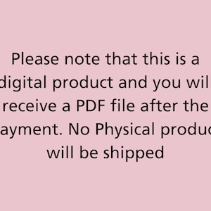 Pu&ograve; includere: Testo su sfondo rosa che recita: "Si prega di notare che questo &egrave; un prodotto digitale e si ricever&agrave; un file PDF dopo il pagamento. Nessun prodotto fisico verr&agrave; spedito."