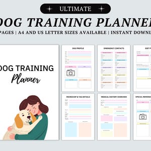 May include: A printable dog training planner with a cover featuring a cartoon illustration of a woman hugging a dog. The planner includes sections for dog profile, emergency contacts, diet plan, microchip and tag details, medical history overview, and special memories and milestones.