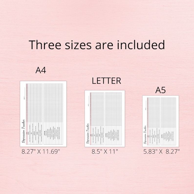 Pode incluir: Tr&ecirc;s modelos de rastreamento de depress&atilde;o imprim&iacute;veis em tamanhos diferentes: A4 (8,27" x 11,69"), Carta (8,5" x 11") e A5 (5,83" x 8,27").