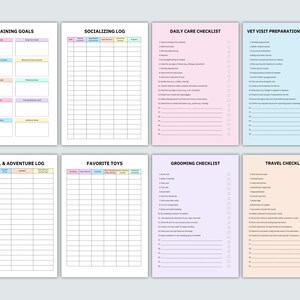 May include: Printable checklist and log pages for dog owners. The pages are color-coded and include sections for training goals, socializing, daily care, vet visit preparation, travel and adventure, favorite toys, grooming, and travel.