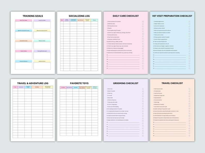 May include: Printable checklist and log pages for dog owners. The pages are color-coded and include sections for training goals, socializing, daily care, vet visit preparation, travel and adventure, favorite toys, grooming, and travel.