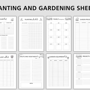 K&ouml;nnte beinhalten: Druckbare Gartenplanungsbl&auml;tter mit Schwarzwei&szlig;illustrationen von Pflanzen und T&ouml;pfen. Die Bl&auml;tter enthalten Abschnitte f&uuml;r Pflanzenlisten, Pflanzpl&auml;ne, Jahreskalender, Gartenprojektpl&auml;ne, Obst- und Gem&uuml;selisten, Gartenwerkzeuglisten und Projektlisten.