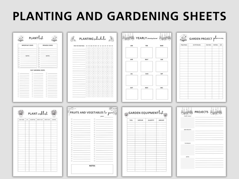 K&ouml;nnte beinhalten: Druckbare Gartenplanungsbl&auml;tter mit Schwarzwei&szlig;illustrationen von Pflanzen und T&ouml;pfen. Die Bl&auml;tter enthalten Abschnitte f&uuml;r Pflanzenlisten, Pflanzpl&auml;ne, Jahreskalender, Gartenprojektpl&auml;ne, Obst- und Gem&uuml;selisten, Gartenwerkzeuglisten und Projektlisten.