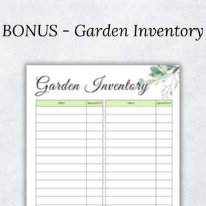 K&ouml;nnte beinhalten: Druckbare Garteninventarliste mit gr&uuml;nem Blattdesign. Die Liste enth&auml;lt Spalten f&uuml;r Artikel und Menge.