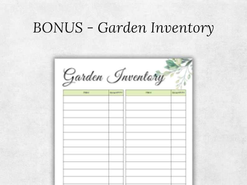 K&ouml;nnte beinhalten: Druckbare Garteninventarliste mit gr&uuml;nem Blattdesign. Die Liste enth&auml;lt Spalten f&uuml;r Artikel und Menge.