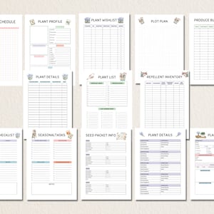 May include: Printable gardening planner pages with illustrations of plants and gardening tools. The pages include sections for planting schedules, plant profiles, wishlists, plot plans, produce budgets, plant details, plant lists, repellent inventories, seasonal checklists, seasonal tasks, seed packet info, and plant cards.