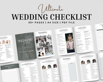 Könnte beinhalten: Ein Hochzeitsplaner mit einer grauen Titelseite und dem Text "Wedding Checklist" in Weiß. Der Planer enthält Abschnitte für das Brautoutfit, die Gästeliste, das Packen des Bräutigams, die Fotografie und Geschenke.