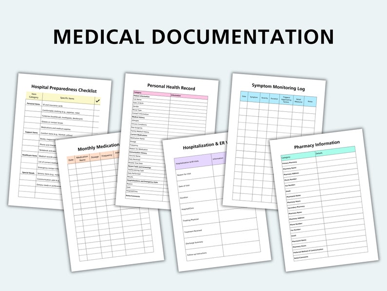 May include: A set of printable medical documentation forms with headings for Hospital Preparedness Checklist, Personal Health Record, Symptom Monitoring Log, Monthly Medication, Hospitalization & ER Visit, and Pharmacy Information.