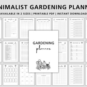 K&ouml;nnte beinhalten: Ein schwarz-wei&szlig;er druckbarer Gartenplaner mit minimalistischem Design. Der Planer enth&auml;lt Seiten f&uuml;r Blumen und Pflanzen, Tagespl&auml;ne, Gartenausgaben, Gartenger&auml;te, Pflanzplan, Gem&uuml;sekalender, Saatgutpakete, Saatgutstart, Begleitpflanzung, Pflanzenliste, Jahresplan, Obstkalender und Saatgutstart.