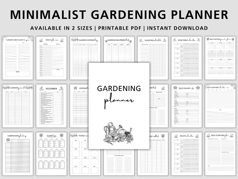 K&ouml;nnte beinhalten: Ein schwarz-wei&szlig;er druckbarer Gartenplaner mit minimalistischem Design. Der Planer enth&auml;lt Seiten f&uuml;r Blumen und Pflanzen, Tagespl&auml;ne, Gartenausgaben, Gartenger&auml;te, Pflanzplan, Gem&uuml;sekalender, Saatgutpakete, Saatgutstart, Begleitpflanzung, Pflanzenliste, Jahresplan, Obstkalender und Saatgutstart.