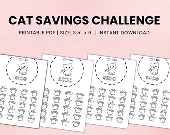 May include: Printable cat savings challenge chart with four sections. Each section has a paw print design and a cat illustration. The sections are labeled $100, $200, $300, and $400. Each section has a paw print design and a cat illustration. The sections are labeled $100, $200, $300, and $400.