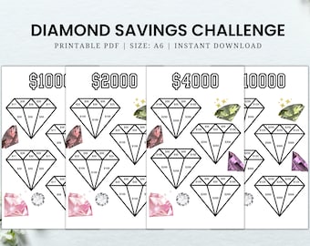 Desafío de ahorro de diamantes imprimible, desafío de dinero, inserción de sobre en efectivo, rastreador de ahorros imprimible, descarga instantánea