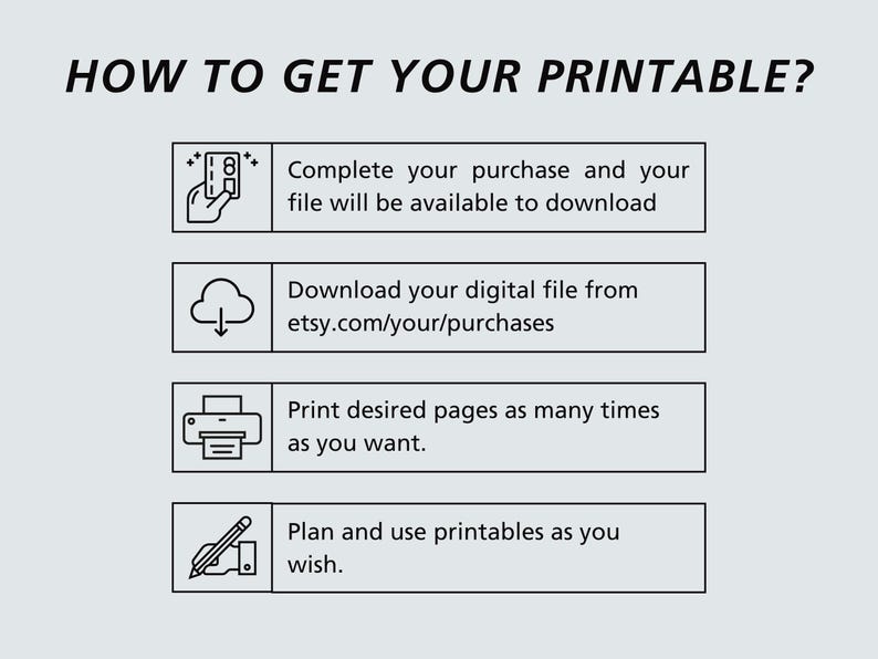 May include: A four-step guide on how to get your printable. The steps are: 1. Complete your purchase and your file will be available to download. 2. Download your digital file from etsy.com/your/purchases. 3. Print desired pages as many times as you want. 4. Plan and use printables as you wish.