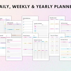 Pu&ograve; includere: Un set di pagine di pianificazione giornaliera, settimanale e annuale stampabili. Le pagine sono progettate con uno schema di colori pastello e includono sezioni per obiettivi, gratitudine, riflessione, fitness e altro.