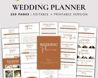 May include: A wedding planner with a brown cover and the text "Wedding Planner" in white. The planner includes 250 pages and is editable and printable. The cover features a stylized illustration of two rings.