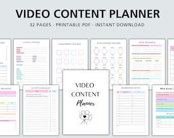 May include: A printable PDF planner for video content creators. The planner includes pages for channel overview, subscriber tracker, watch hours tracker, niche research, activity checklist, inspiration notes, and more. The planner is designed to help you plan, track, and grow your video content.