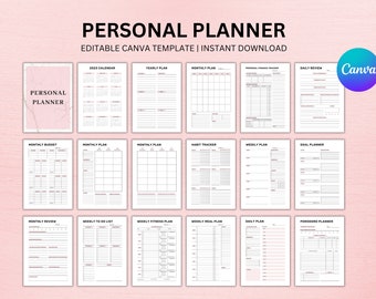 Editable Personal Planner, Weekly Planner, Daily Planner, Monthly Planner, Monthly Budget, Habit Tracker, Finance planner, Canva Editable