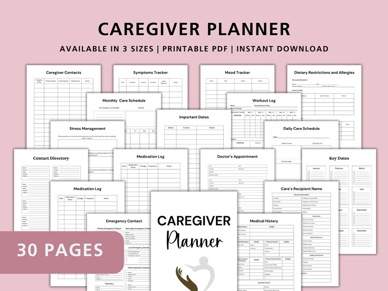 Pu&ograve; includere: Un planner per caregiver stampabile con 30 pagine, che include sezioni per i contatti dei caregiver, il tracciamento dei sintomi, il tracciamento dell'umore, le restrizioni dietetiche e le allergie, il programma di cura mensile, il registro degli allenamenti, le date importanti, la gestione dello stress, il registro dei farmaci, gli appuntamenti medici, i contatti di emergenza, il nome del beneficiario delle cure, la storia medica e le date chiave.