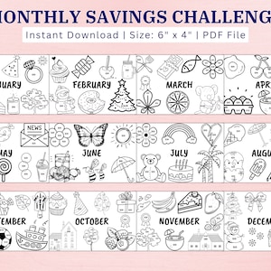 12 Monthly Savings Challenge Bundle, Money Challenge, A6 Mini Savings Challenge Tracker, Cash Envelope Insert, Instant Download