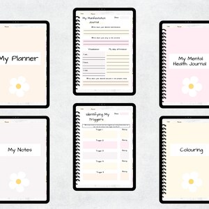 May include: Digital planner templates displayed on tablets. The templates include "My Planner," "My Manifestation Journal," "My Mental Health Journal," "My Notes," "Identifying My Triggers," and "Colouring." Each template has a floral design.