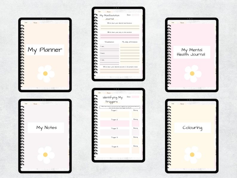 May include: Digital planner templates displayed on tablets. The templates include "My Planner," "My Manifestation Journal," "My Mental Health Journal," "My Notes," "Identifying My Triggers," and "Colouring." Each template has a floral design.