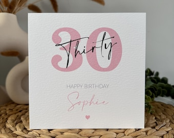 Personalised 30th birthday card, Pink Milestone birthday, Custom Age and name