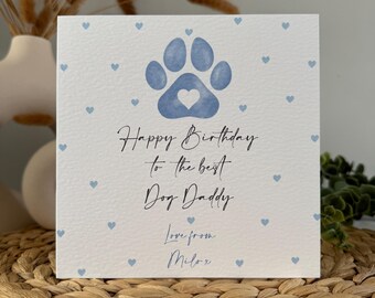 Personalised Dog Daddy Birthday Card, Blue paw print design, custom card from your pup