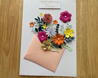 Birthday card, personalised birthday card, Mum, Nan, Grandma, Personalised name, Handmade, 3D floral envelope design.