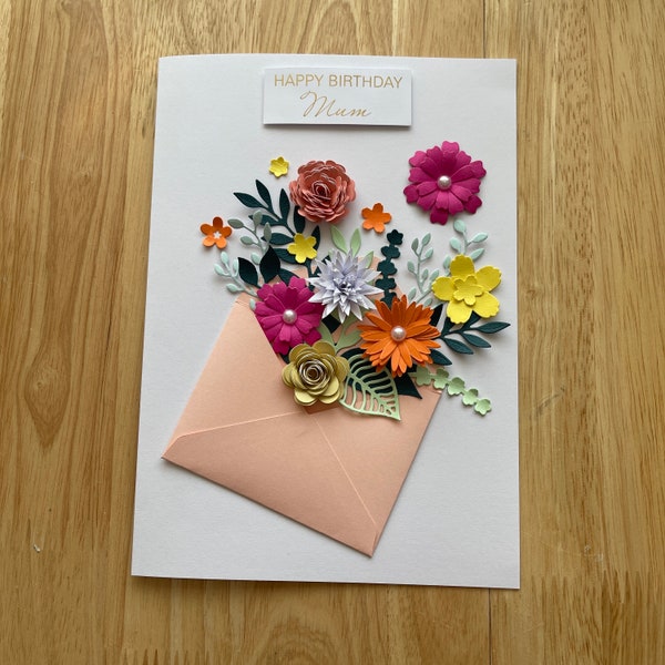 Birthday card, personalised birthday card, Mum, Nan, Grandma, Personalised name, Handmade, 3D floral envelope design.