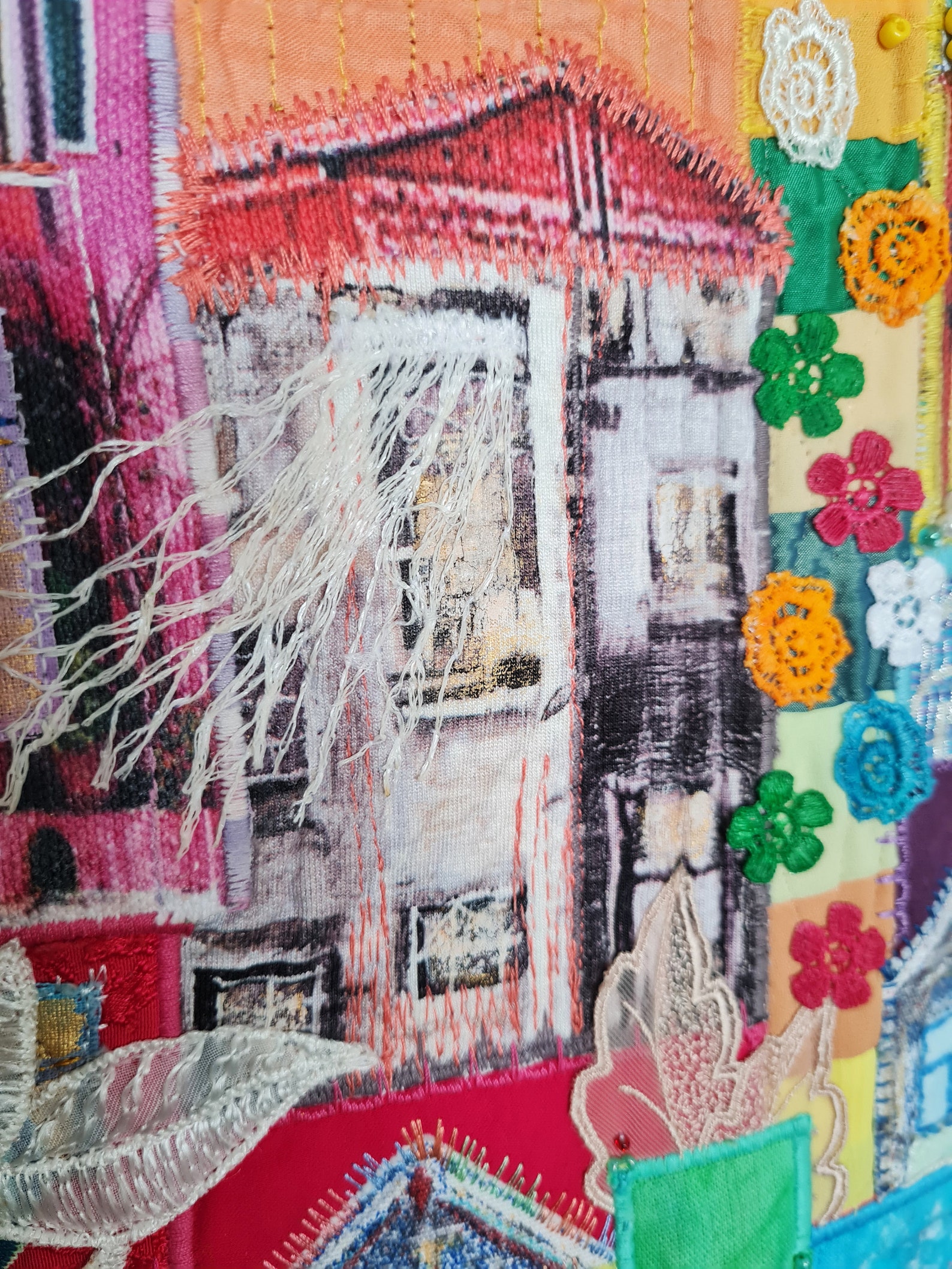 Original Textilkunst. WandDekor. Kunst Quilt. Katzen. Häuser. Etsy