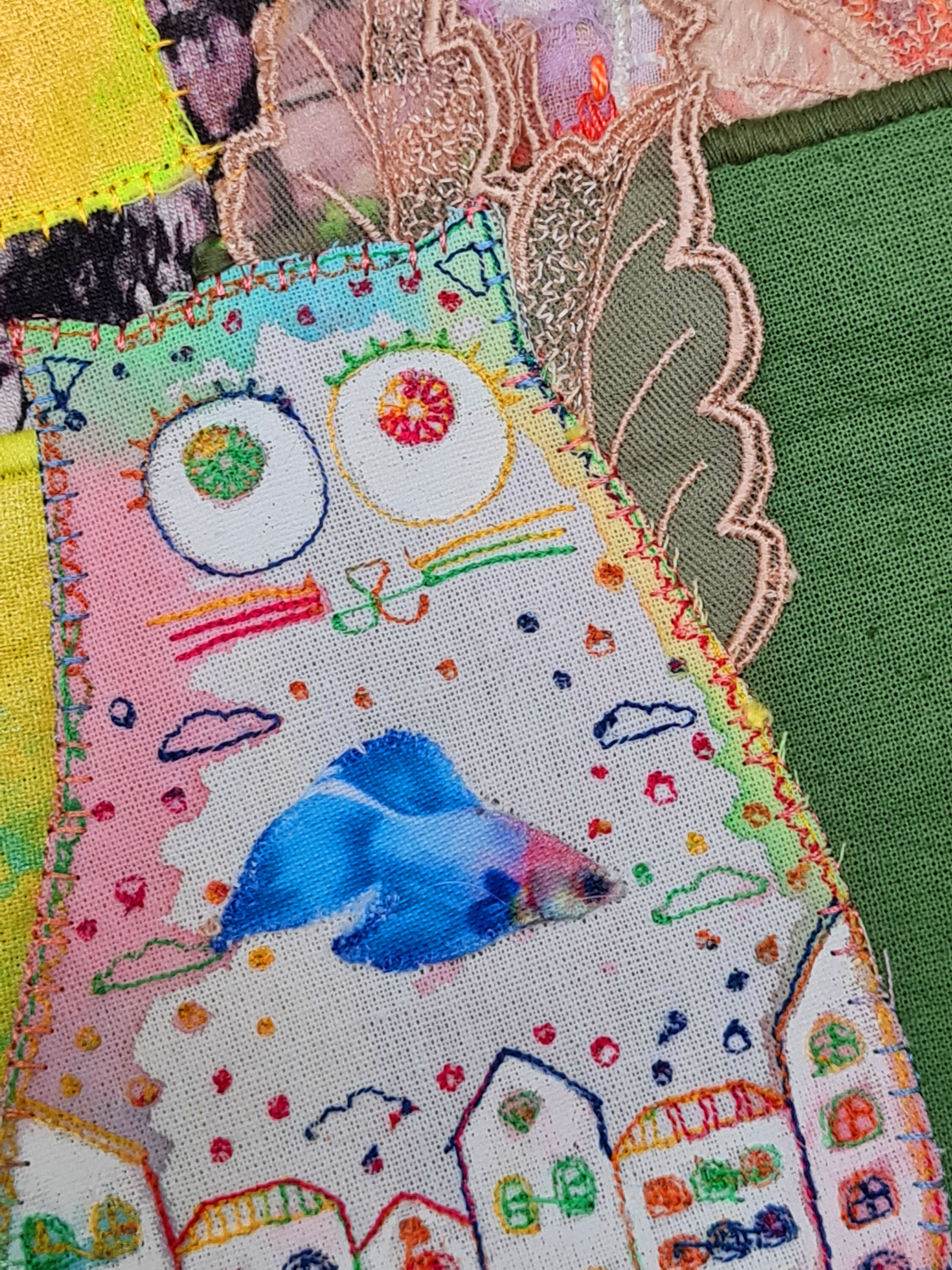 Original Textilkunst. WandDekor. Kunst Quilt. Katzen. Häuser. Etsy