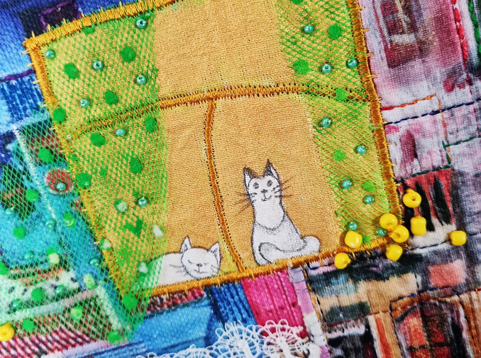 Original Textilkunst. WandDekor. Kunst Quilt. Katzen. Häuser. Etsy