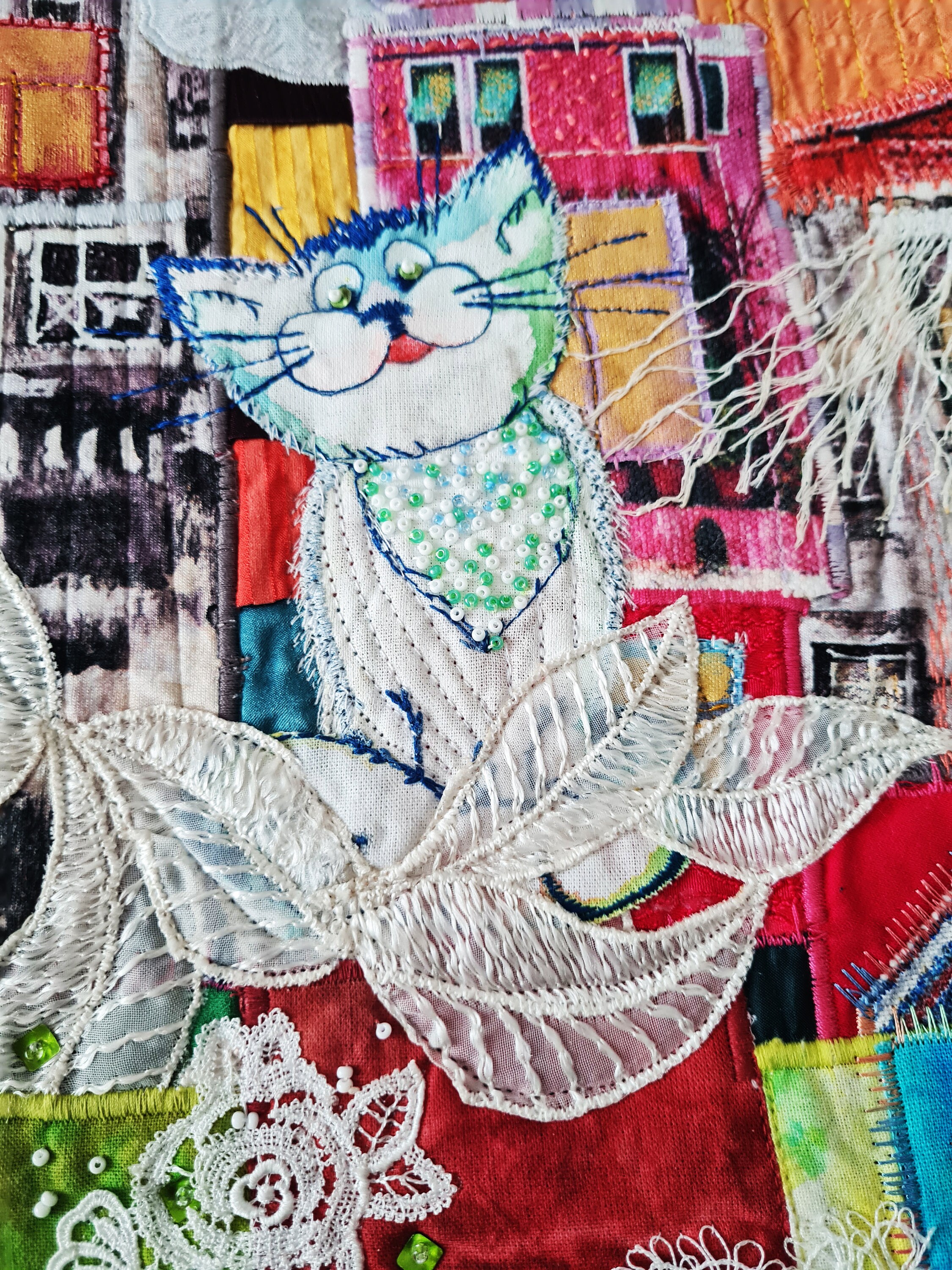 Original Textilkunst. WandDekor. Kunst Quilt. Katzen. Häuser. Etsy