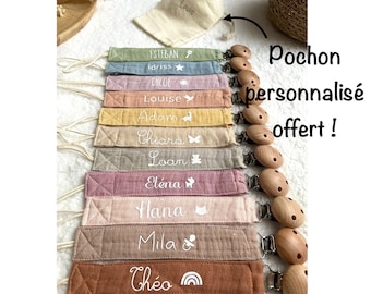 Personalized pacifier clip in cotton gauze