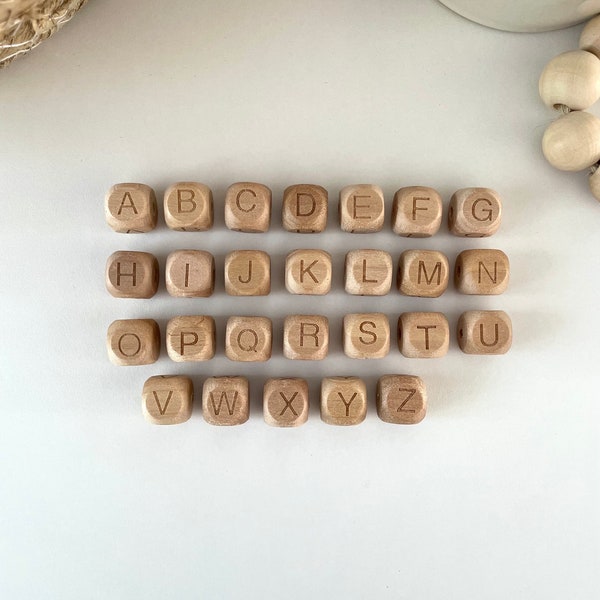 Perle alphabet en bois de hêtre 12mm - Perle lettre en bois sans BPA