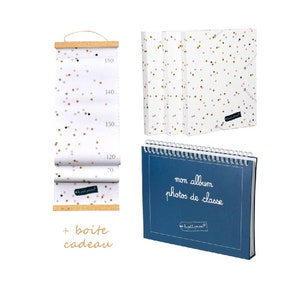 Coffret cadeau enfant pour conserver les souvenirs : toise, album photos de classe et 3 pochettes cartonnées déco pois roses