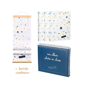 Geschenkdoos voor kinderen om herinneringen in te bewaren: hoogtemeter, klasfotoalbum en 3 decoratieve kartonnen vakjes met sterren