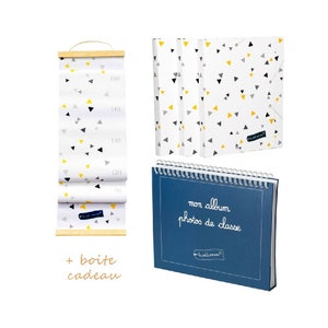 Coffret cadeau enfant pour conserver les souvenirs : toise, album photos de classe et 3 pochettes cartonnées déco scandinave