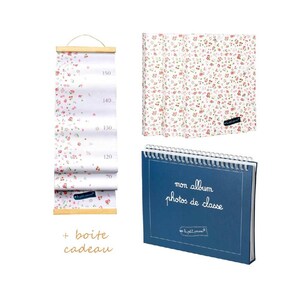 Coffret cadeau enfant pour conserver les souvenirs : toise, album photos de classe et 3 pochettes cartonnées déco fleurie