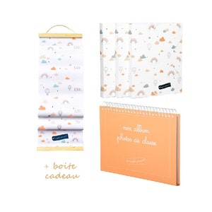 Coffret cadeau enfant pour conserver les souvenirs : toise, album photos de classe et 3 pochettes cartonnées déco nuages